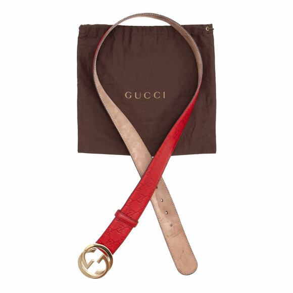 GUCCI Red Leather Signature Monogram Interlocking GG Gold Buckle Belt 100•40 main image 9